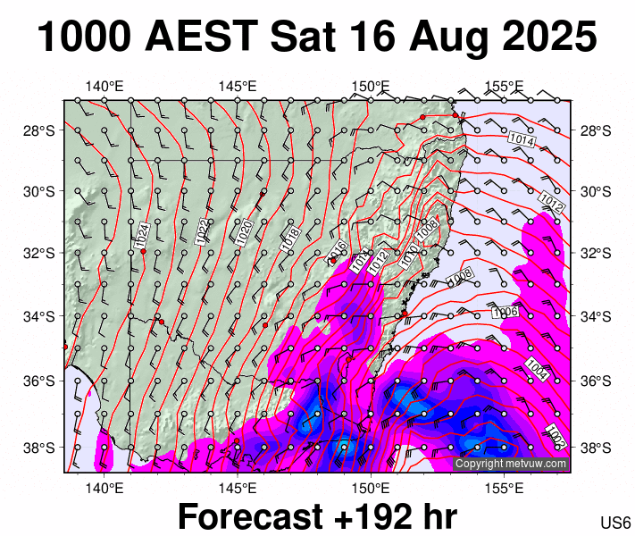 New South Wales forecast chart for Saturday, August 16th, 2025 at 12:00 AM