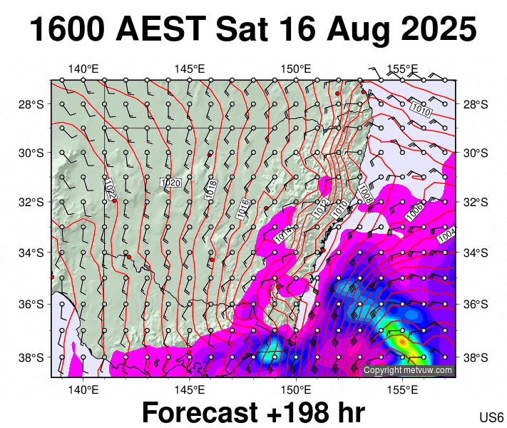 New South Wales forecast chart for Saturday, August 16th, 2025 at 6:00 AM