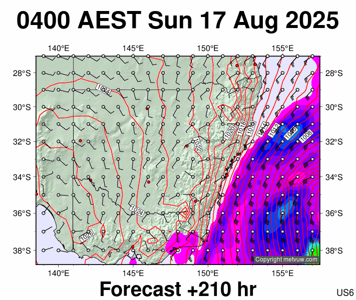 New South Wales forecast chart for Saturday, August 16th, 2025 at 6:00 PM