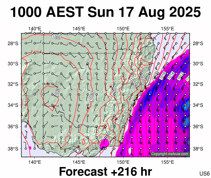 New South Wales forecast chart for Sunday, August 17th, 2025 at 12:00 AM