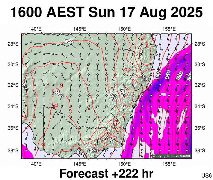 New South Wales forecast chart for Sunday, August 17th, 2025 at 6:00 AM