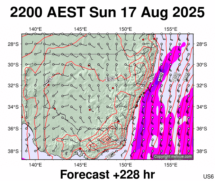 New South Wales forecast chart for Sunday, August 17th, 2025 at 12:00 PM