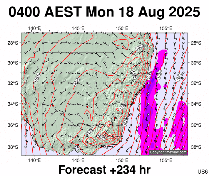 New South Wales forecast chart for Sunday, August 17th, 2025 at 6:00 PM