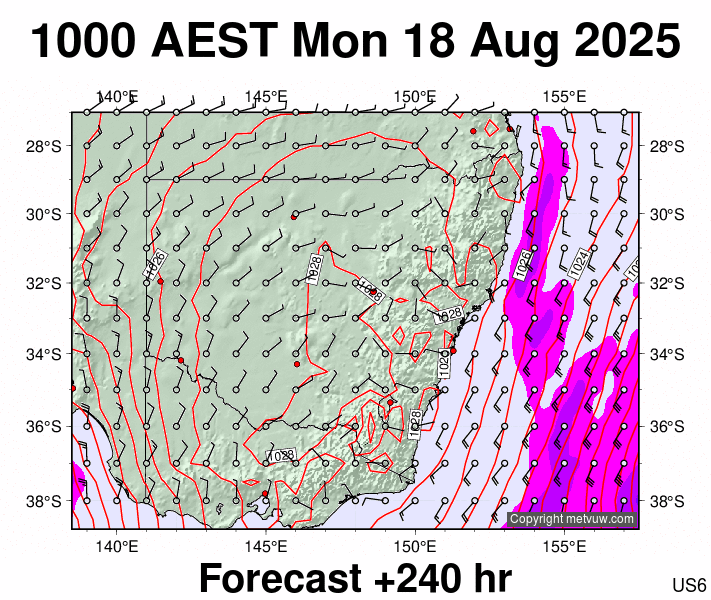 New South Wales forecast chart for Monday, August 18th, 2025 at 12:00 AM