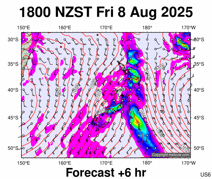 New Zealand forecast chart for Friday, August 8th, 2025 at 6:00 AM