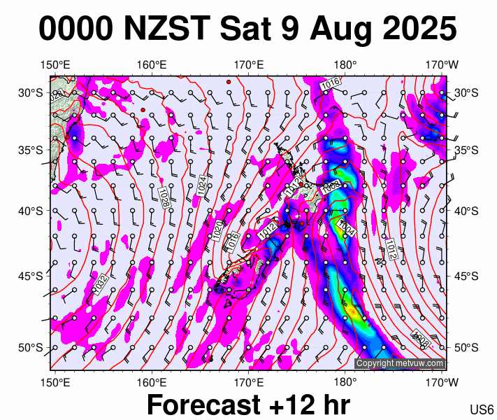 New Zealand forecast chart for Friday, August 8th, 2025 at 12:00 PM