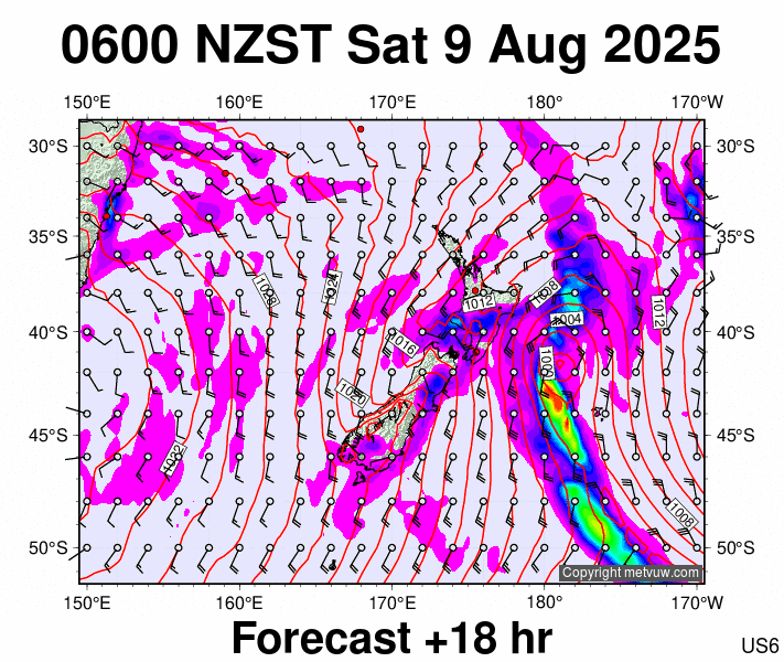 New Zealand forecast chart for Friday, August 8th, 2025 at 6:00 PM