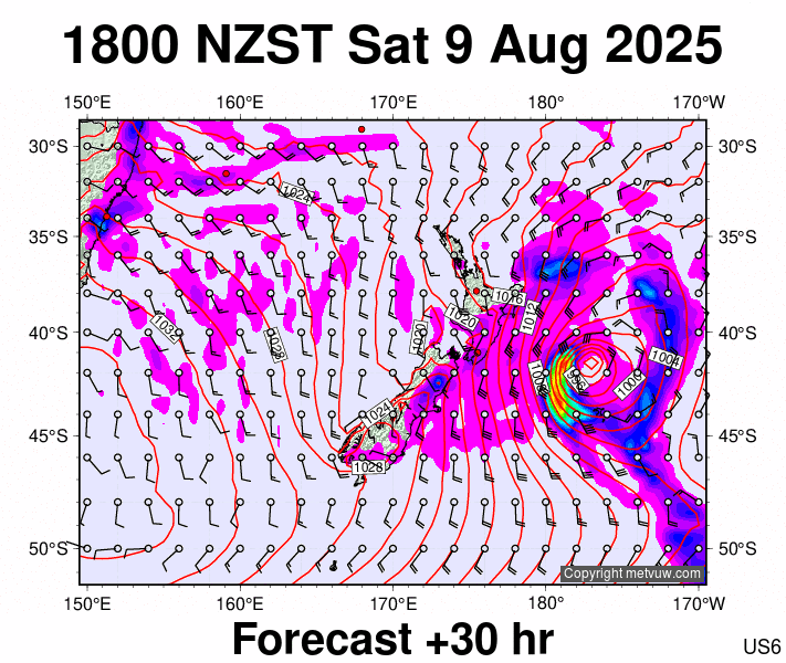 New Zealand forecast chart for Saturday, August 9th, 2025 at 6:00 AM