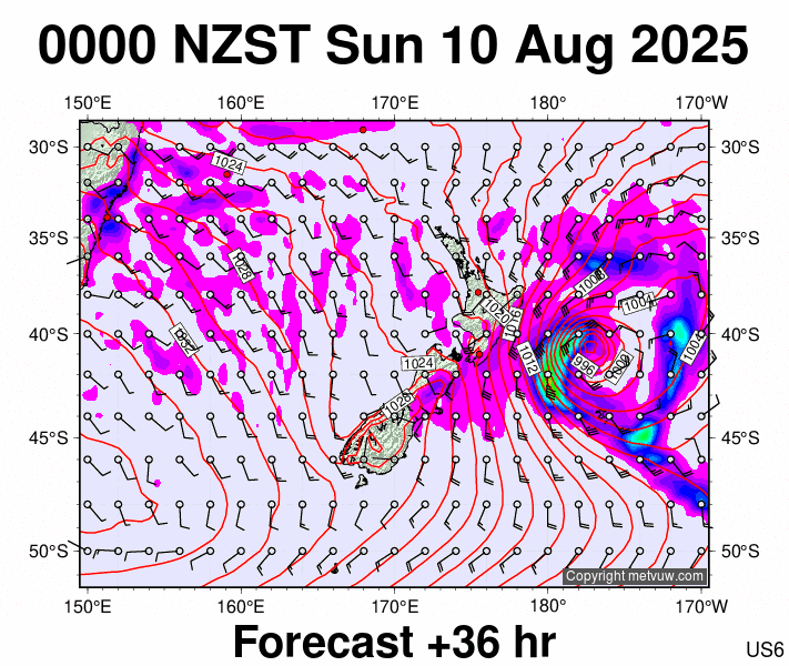New Zealand forecast chart for Saturday, August 9th, 2025 at 12:00 PM