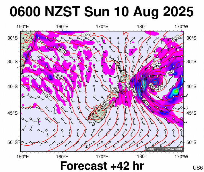 New Zealand forecast chart for Saturday, August 9th, 2025 at 6:00 PM