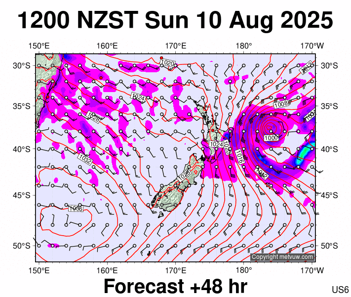 New Zealand forecast chart for Sunday, August 10th, 2025 at 12:00 AM