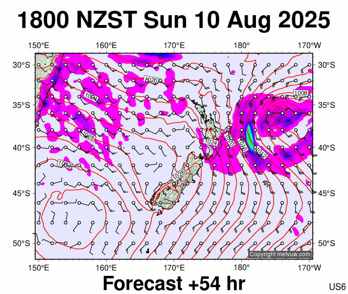 New Zealand forecast chart for Sunday, August 10th, 2025 at 6:00 AM