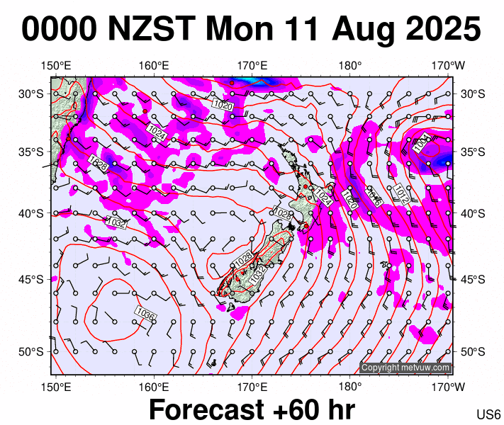 New Zealand forecast chart for Sunday, August 10th, 2025 at 12:00 PM