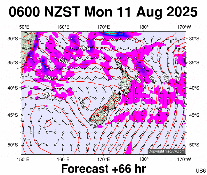 New Zealand forecast chart for Sunday, August 10th, 2025 at 6:00 PM