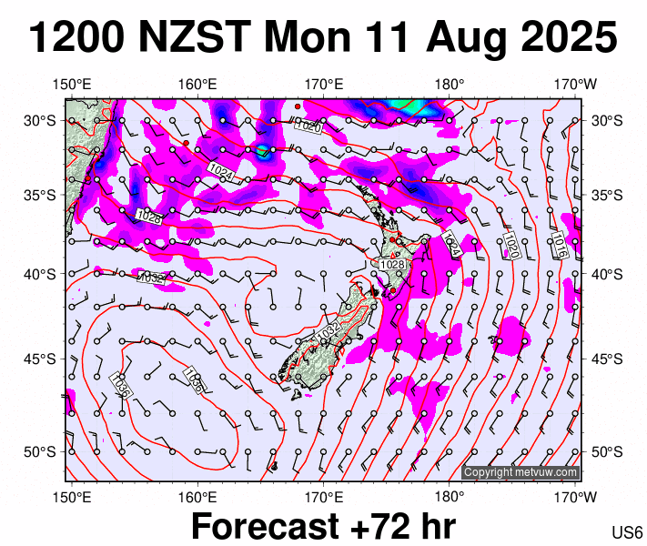 New Zealand forecast chart for Monday, August 11th, 2025 at 12:00 AM