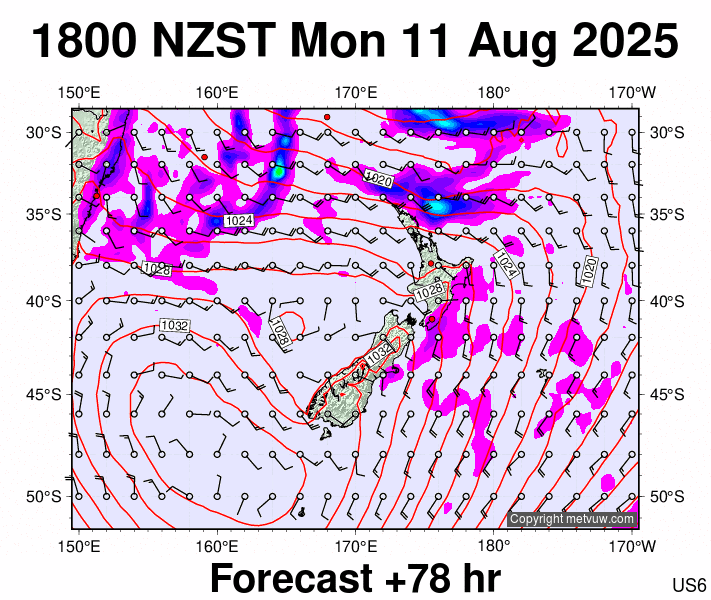 New Zealand forecast chart for Monday, August 11th, 2025 at 6:00 AM