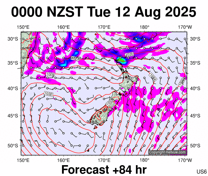 New Zealand forecast chart for Monday, August 11th, 2025 at 12:00 PM