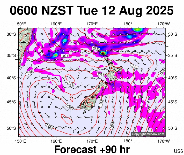 New Zealand forecast chart for Monday, August 11th, 2025 at 6:00 PM