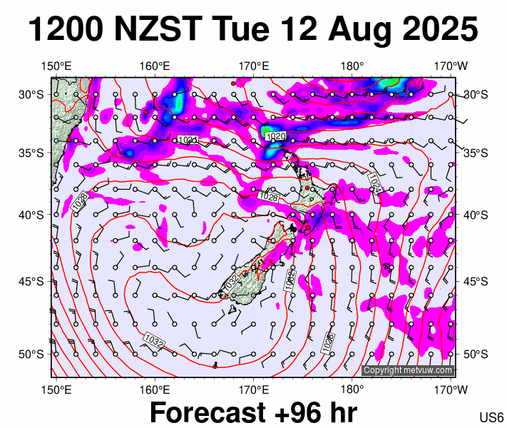 New Zealand forecast chart for Tuesday, August 12th, 2025 at 12:00 AM