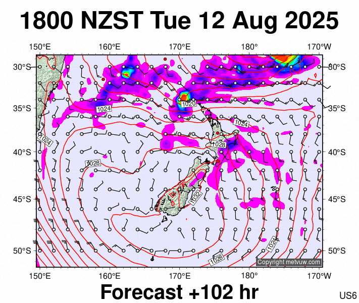 New Zealand forecast chart for Tuesday, August 12th, 2025 at 6:00 AM