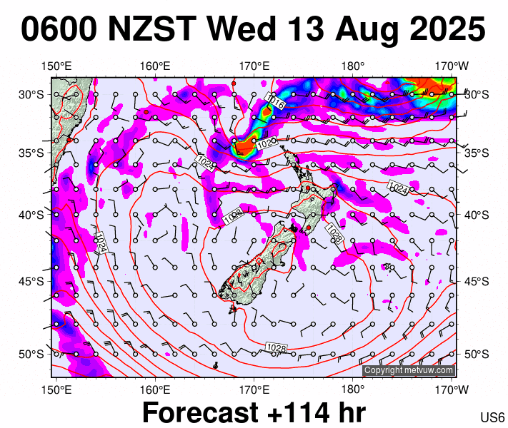 New Zealand forecast chart for Tuesday, August 12th, 2025 at 6:00 PM