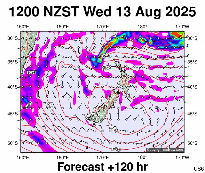 New Zealand forecast chart for Wednesday, August 13th, 2025 at 12:00 AM