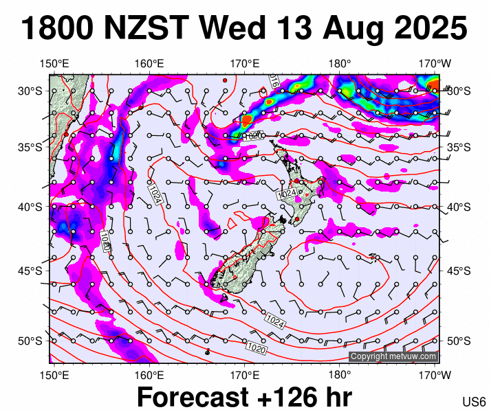 New Zealand forecast chart for Wednesday, August 13th, 2025 at 6:00 AM
