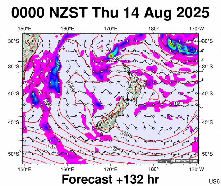New Zealand forecast chart for Wednesday, August 13th, 2025 at 12:00 PM