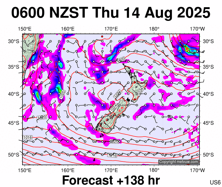 New Zealand forecast chart for Wednesday, August 13th, 2025 at 6:00 PM