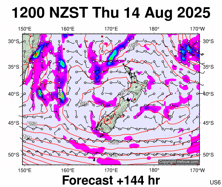 New Zealand forecast chart for Thursday, August 14th, 2025 at 12:00 AM