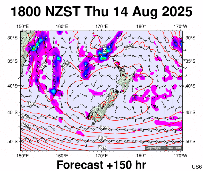 New Zealand forecast chart for Thursday, August 14th, 2025 at 6:00 AM