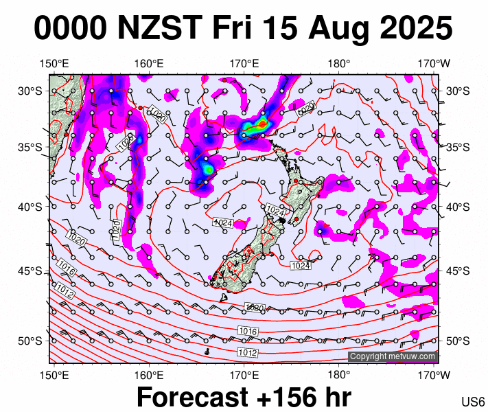 New Zealand forecast chart for Thursday, August 14th, 2025 at 12:00 PM