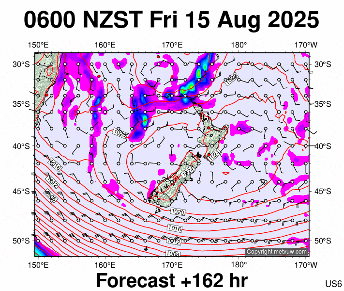 New Zealand forecast chart for Thursday, August 14th, 2025 at 6:00 PM