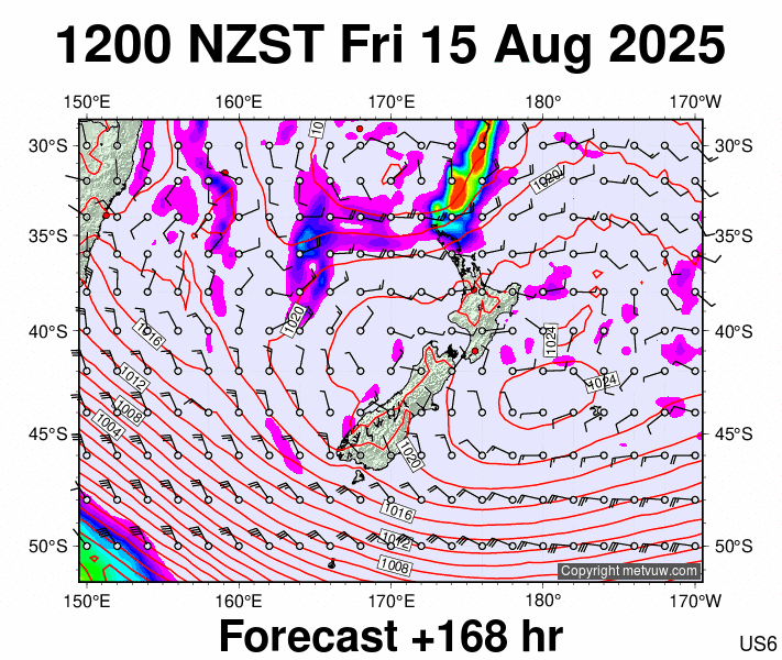 New Zealand forecast chart for Friday, August 15th, 2025 at 12:00 AM