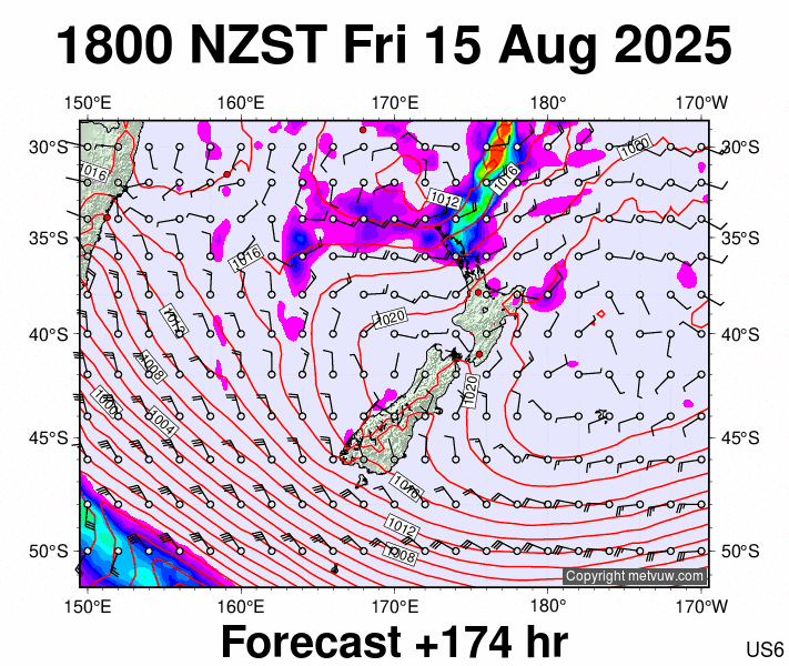 New Zealand forecast chart for Friday, August 15th, 2025 at 6:00 AM