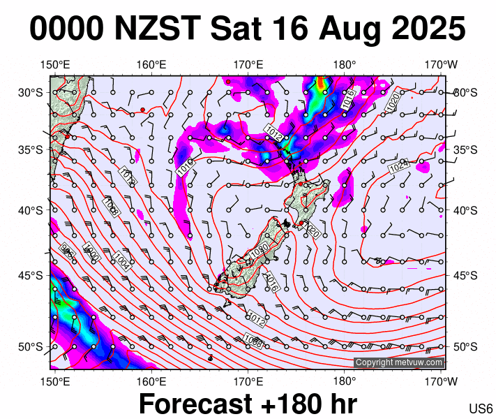 New Zealand forecast chart for Friday, August 15th, 2025 at 12:00 PM