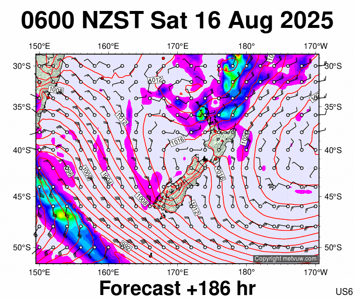 New Zealand forecast chart for Friday, August 15th, 2025 at 6:00 PM