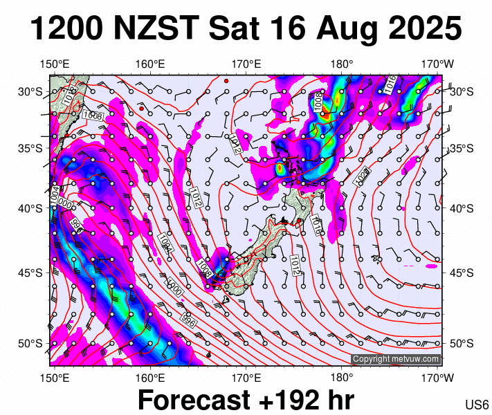 New Zealand forecast chart for Saturday, August 16th, 2025 at 12:00 AM