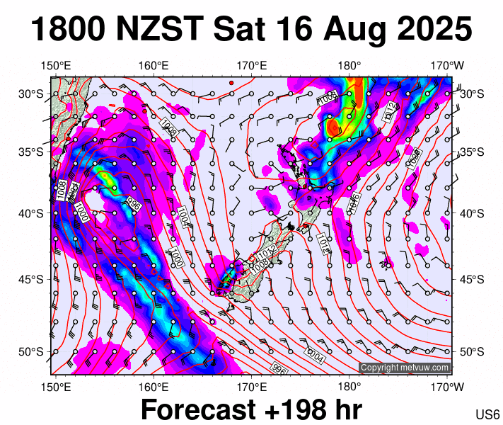 New Zealand forecast chart for Saturday, August 16th, 2025 at 6:00 AM