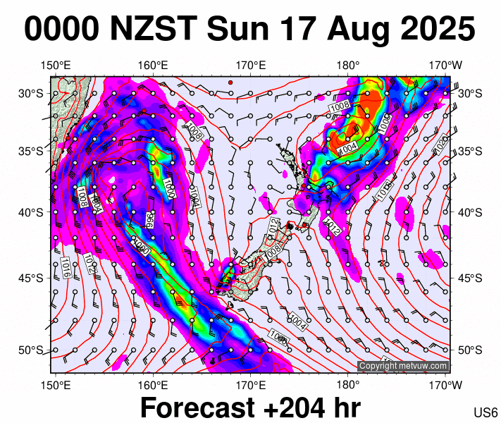 New Zealand forecast chart for Saturday, August 16th, 2025 at 12:00 PM