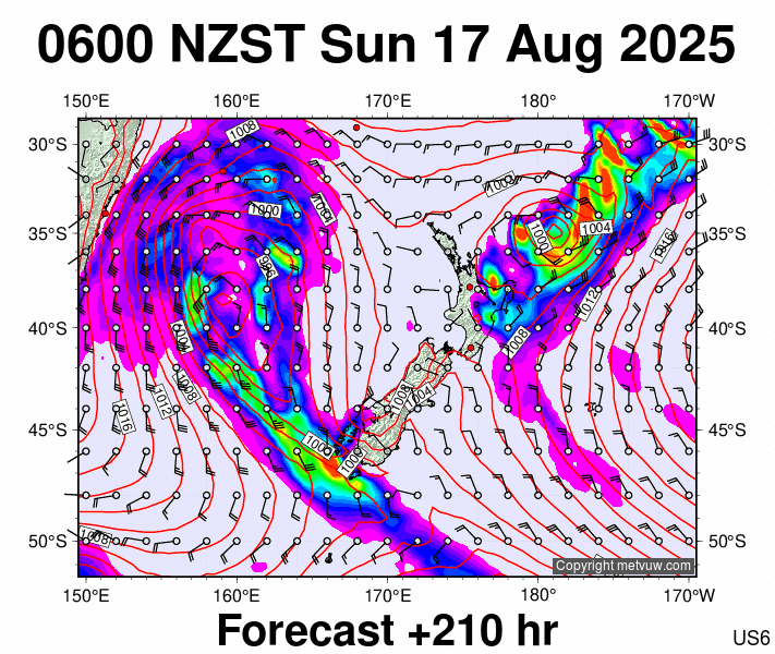 New Zealand forecast chart for Saturday, August 16th, 2025 at 6:00 PM