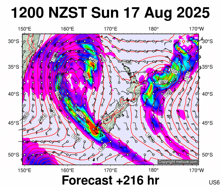New Zealand forecast chart for Sunday, August 17th, 2025 at 12:00 AM