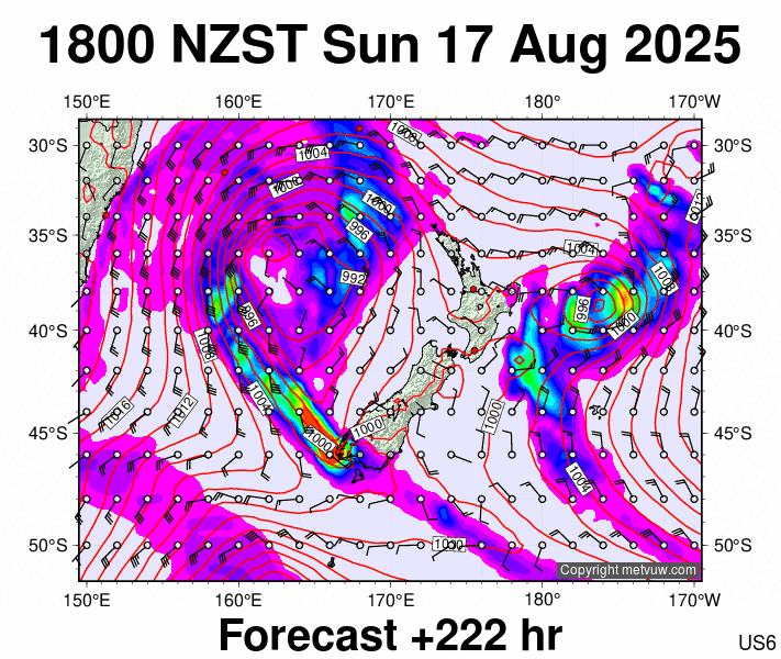 New Zealand forecast chart for Sunday, August 17th, 2025 at 6:00 AM