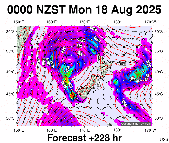New Zealand forecast chart for Sunday, August 17th, 2025 at 12:00 PM