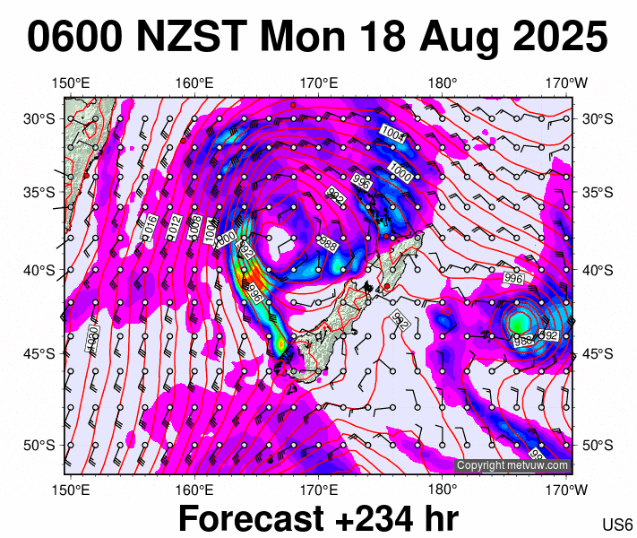 New Zealand forecast chart for Sunday, August 17th, 2025 at 6:00 PM