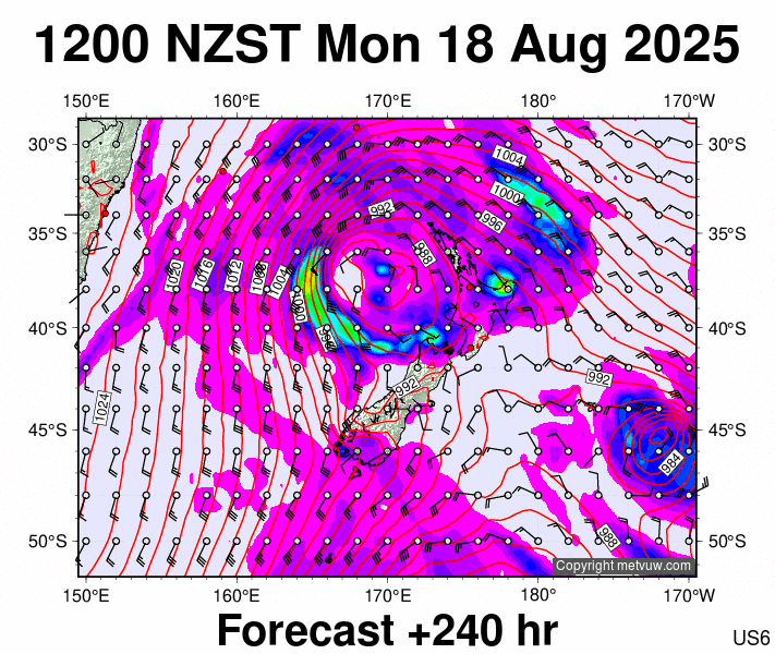New Zealand forecast chart for Monday, August 18th, 2025 at 12:00 AM
