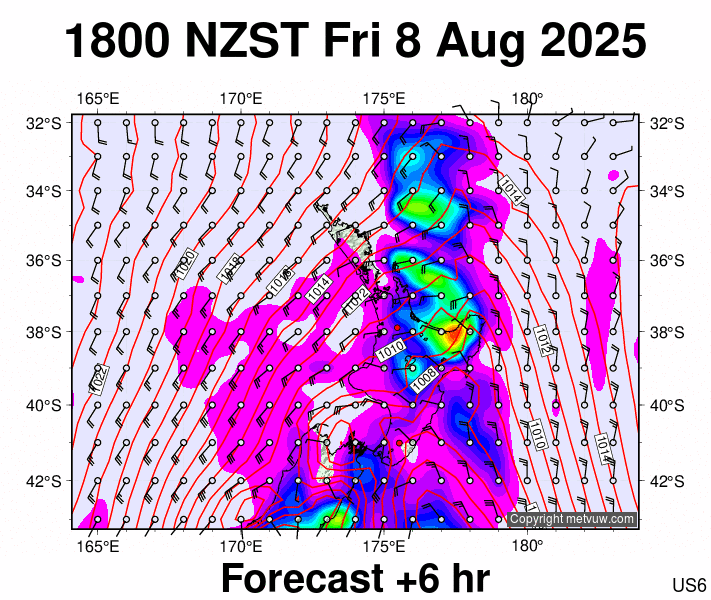 North Island forecast chart for Friday, August 8th, 2025 at 6:00 AM