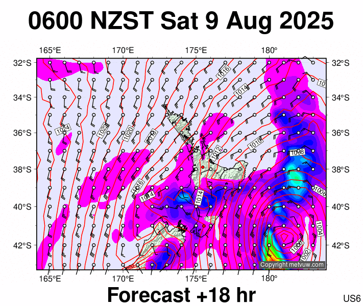 North Island forecast chart for Friday, August 8th, 2025 at 6:00 PM