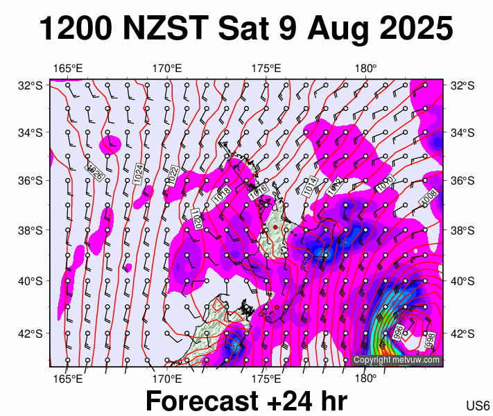 North Island forecast chart for Saturday, August 9th, 2025 at 12:00 AM