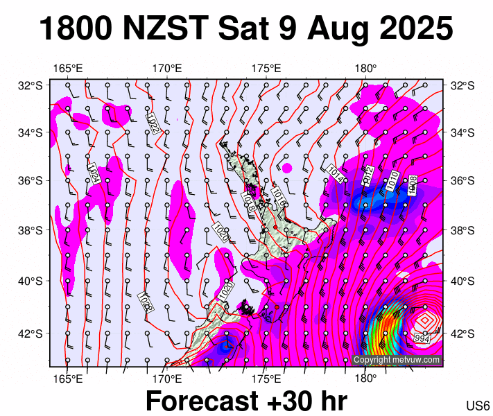 North Island forecast chart for Saturday, August 9th, 2025 at 6:00 AM